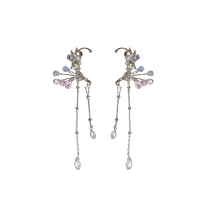 Silver crystal flower tassel ear cuff with water drop pendants for non-pierced ears