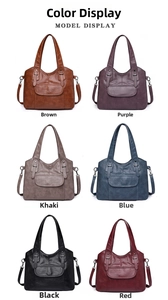 Detailed view of large capacity tote bags in six colors including brown, blue and red