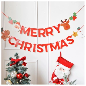 Close-up of Merry Christmas banner with Santa Claus, reindeer, and snowman motifs