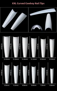 Size chart showing 12 dimensions of XXL extra long flat square French false nail tips