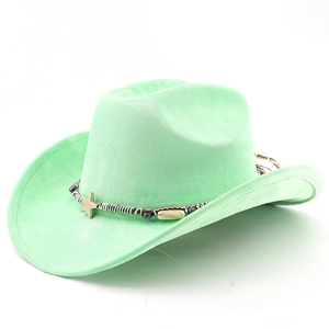 Detailed view of mint green suede cowboy hat with ethnic beaded band and star charm