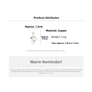 Specifications of white enamel orchid ear clips showing size 2.9cm and 5.6g weight