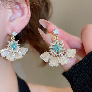 Elegant fan-shaped drop earrings with colorful crystals and blue flower studs for women