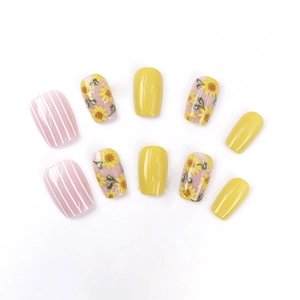 Retro sunflower press-on nails with yellow and pink stripes in round square shape