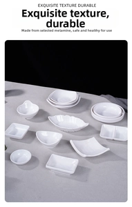 Detailed collection of white melamine dipping sauce dishes in various geometric shapes