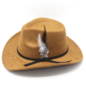 Detail of western cowboy hat with brown suede texture and decorative feather accent