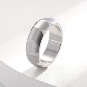 Macro shot of silver titanium ring showing alternating brushed and polished concave surfaces