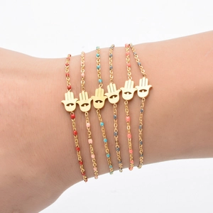 Bohemian Hamsa Hand bracelets with colorful enamel beads and golden stainless steel chains