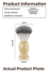 Detail view of a soft fiber shaving brush with wooden handle and gold metal ferrule