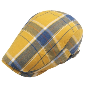 Classic yellow plaid newsboy cap with adjustable metal buckle and checkered pattern