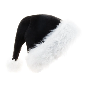 Classic black plush Christmas hat with thick white faux fur trim and pompom detail