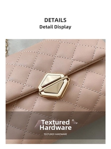 Detailed close-up of pink quilted crossbody bag featuring textured gold geometric hardware