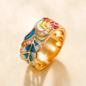 Bohemian gold plated enamel ring with colorful patterns and zircon stone inlays