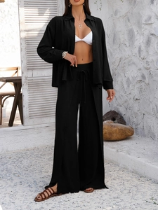 Women black casual linen-style set with long sleeve shirt and drawstring wide leg pants