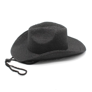 Cappello da cowboy pieghevole in paglia nera con tesa larga e cordino regolabile