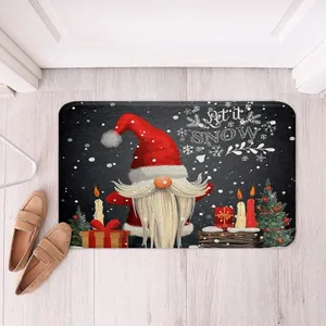 Close-up of a Christmas gnome rug featuring Let it snow text and holiday decorations