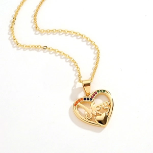Gold heart MOM necklace with rainbow cubic zirconia stones for Mother's Day gift
