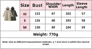 Size chart showing bust and shoulder measurements for hooded long padded jacket