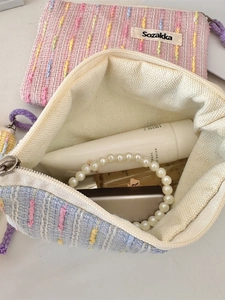 Cute woven tweed makeup bag set in pink and blue for lipstick and earphone storage