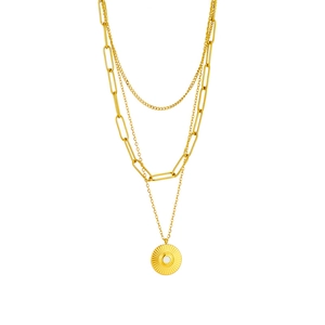 Three-layer 18k gold plated titanium necklace with paperclip chain and sunburst coin
