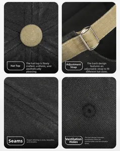 Detail view of cotton docker hat with metal buckle, top button and stitched eyelets