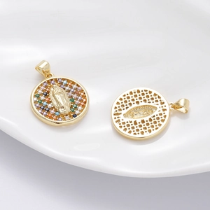 Detailed front and hollow back view of gold Virgin Mary pendants with colorful zircons