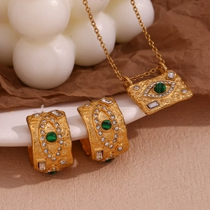Evil eye jewelry set with green malachite and zircons in gold-plated titanium steel