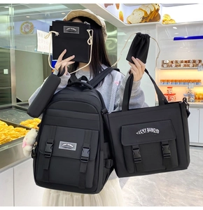 5-teiliges schwarzes Nylon-Schultaschen-Set mit Rucksack, Shopper und Umhängetasche