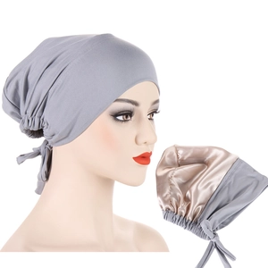 Detail of satin-lined sleep cap showing champagne silk interior and grey elastic strap