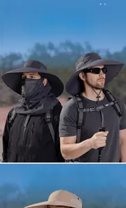 Detail of multi-functional outdoor sun hat with face cover and neck flap for fishing