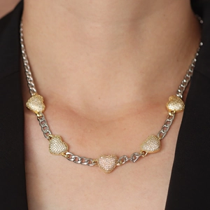 Cuban link necklace with gold-plated iced-out hearts and silver-tone thorns details