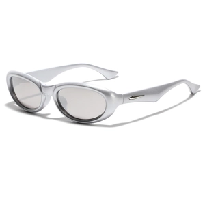 Silver Y2K futuristic oval sunglasses with matte finish and streamlined temples for men and women