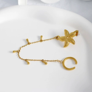 Boucle d'oreille manchette étoile de mer dorée avec chaîne et pendentif