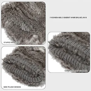 Thick grey faux rabbit fur knit balaclava hat with cute ears and warm thermal lining