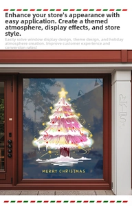 Pink and white Christmas tree window sticker with Merry Christmas text on glass