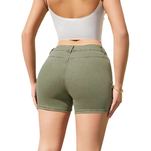 Slim fit army green denim cargo shorts for women shown from a rear back view perspective