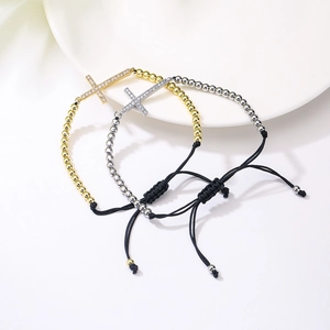 18K gold plated copper bead adjustable bracelet with zircon cross on black cord