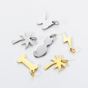 Polished stainless steel DIY charms in butterfly, cat, and palm tree shapes for jewelry