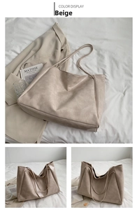 Three views of a large off-white PU leather tote bag with a minimalist textured finish