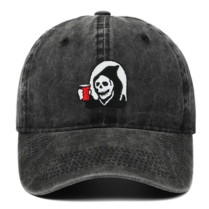 Washed black cotton baseball cap with grim reaper embroidery holding a red cup