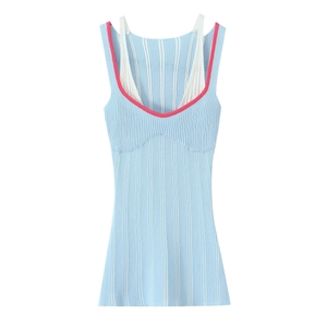 Top a Canotta in Maglia da Donna Sexy con Scollo a V Finto Due Pezzi Bordo a Contrasto Maglia a Costine Senza Maniche