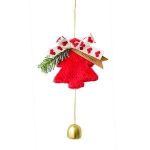 Plush Christmas bell ornament with red heart bow and pine needles for tree decor