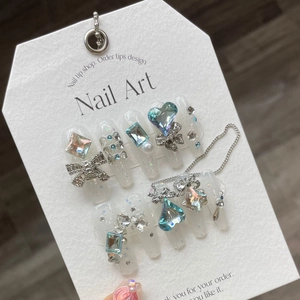 Press On Nails Luxury White Artificial Pearl Handmade 3D Heart Blue Crystal Alloy Bow Rhinestone Elegant Long Fingernails For Women