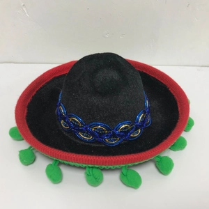 Mini Mexican party sombrero headband in black felt with green pompoms and blue accents