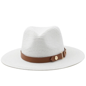 Classic white Panama straw sun hat with brown leather band and gold buckle detail