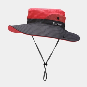 Detail of outdoor sun hat featuring breathable mesh panels and adjustable chin strap