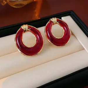 Hollow Round Resin Stud Earrings With Silver Earring Post Retro French Chic Geometric Alloy Jewelry For Women
