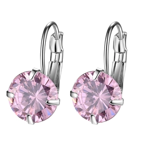 Detailed view of pink zircon earrings featuring round cut gems and secure lever-back closure