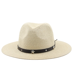 Minimalist wide brim straw cowboy hat with star studded leather band for women
