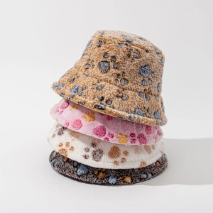 Winter Plush Bucket Hat With Cute Paw Prints Warm Faux Fur Fisherman Hat For Women Adjustable Outdoor